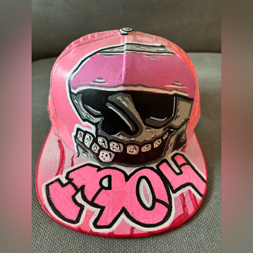 1/1 One of Kind Painted Skeleton Drip Flat Brim SnapBack Hat - by Artist FOOLIO